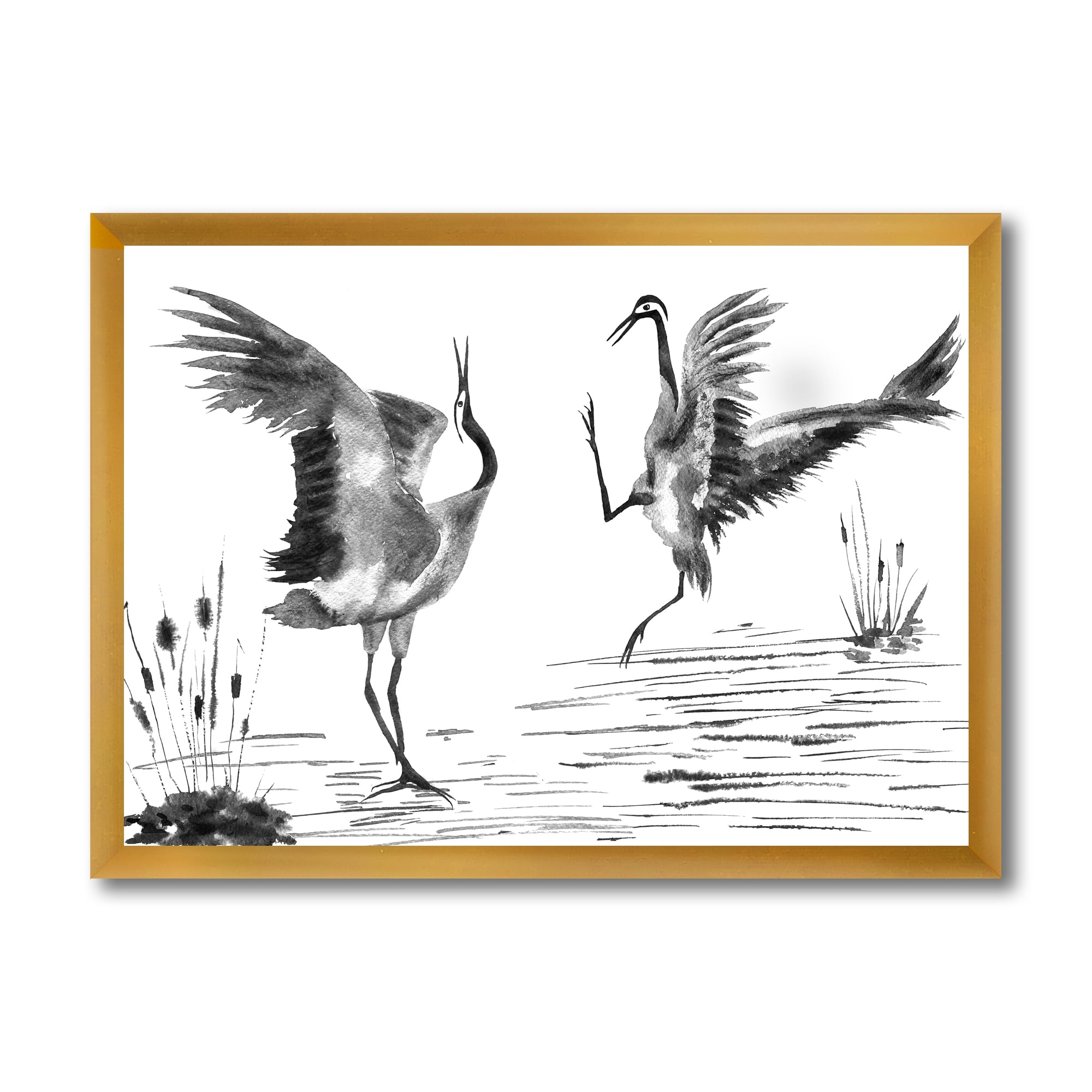 Designart 'Monochrome Two Enamored Japanese Cranes Birds' Traditional Framed Art Print