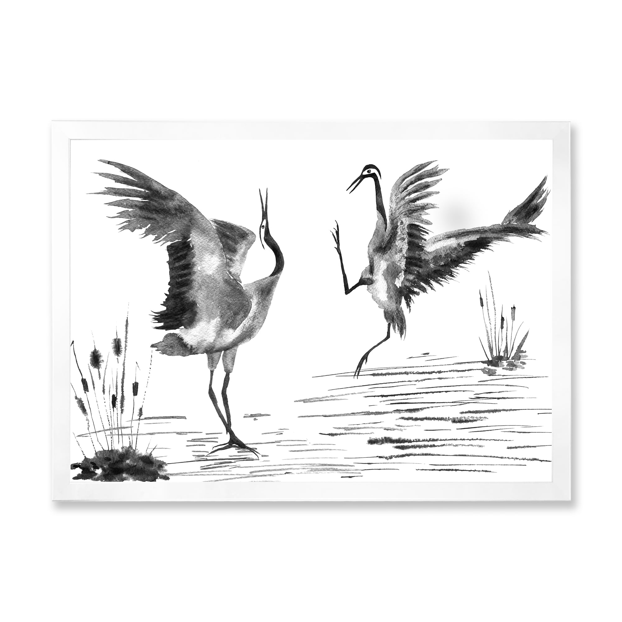Designart 'Monochrome Two Enamored Japanese Cranes Birds' Traditional Framed Art Print