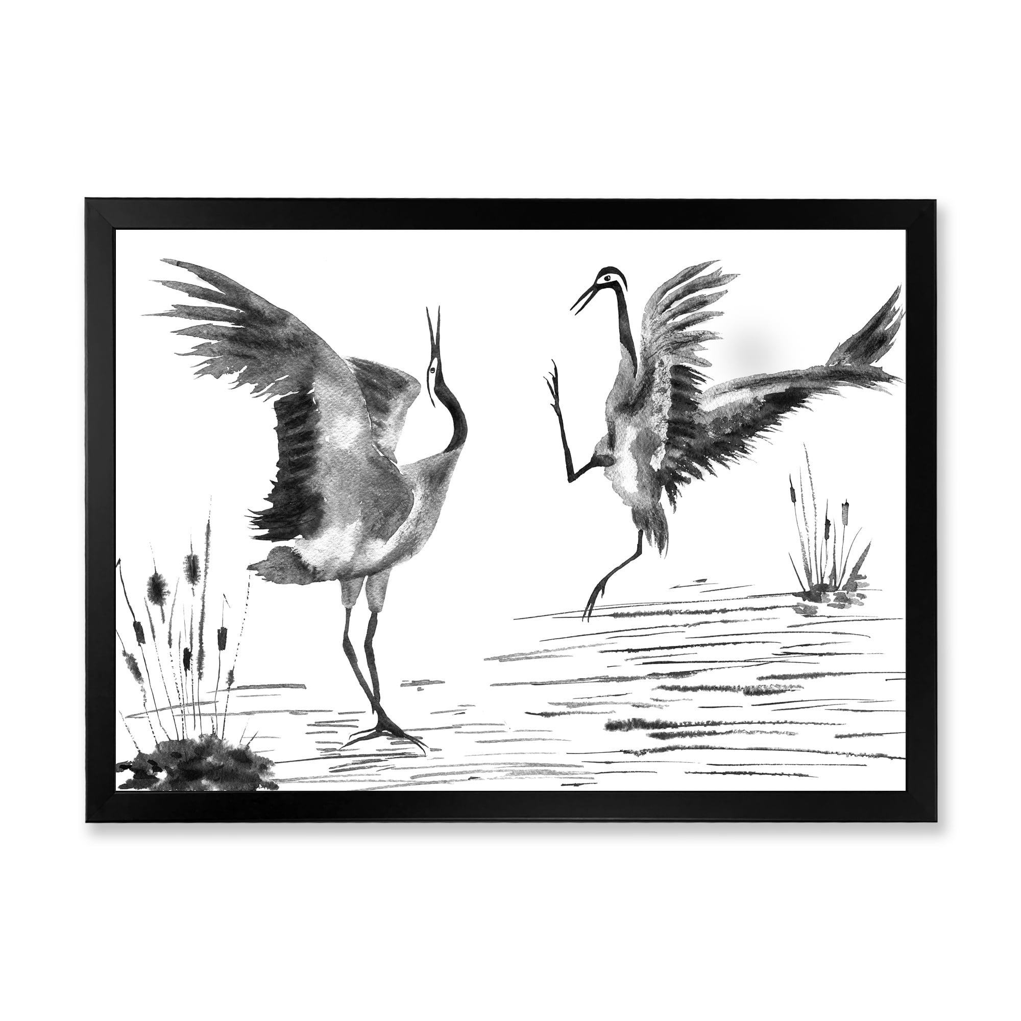 Designart 'Monochrome Two Enamored Japanese Cranes Birds' Traditional Framed Art Print