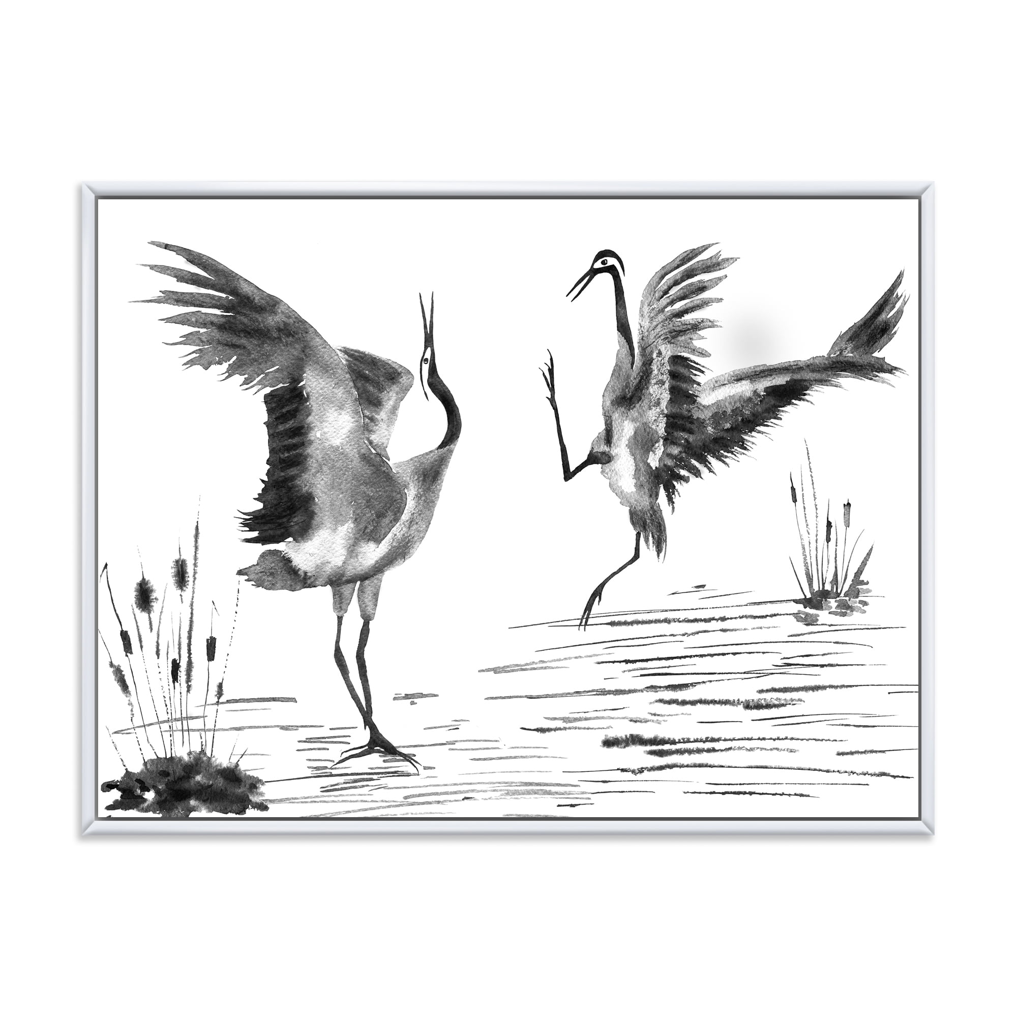 Designart 'Monochrome Two Enamored Japanese Cranes Birds' Traditional Framed Canvas Wall Art Print
