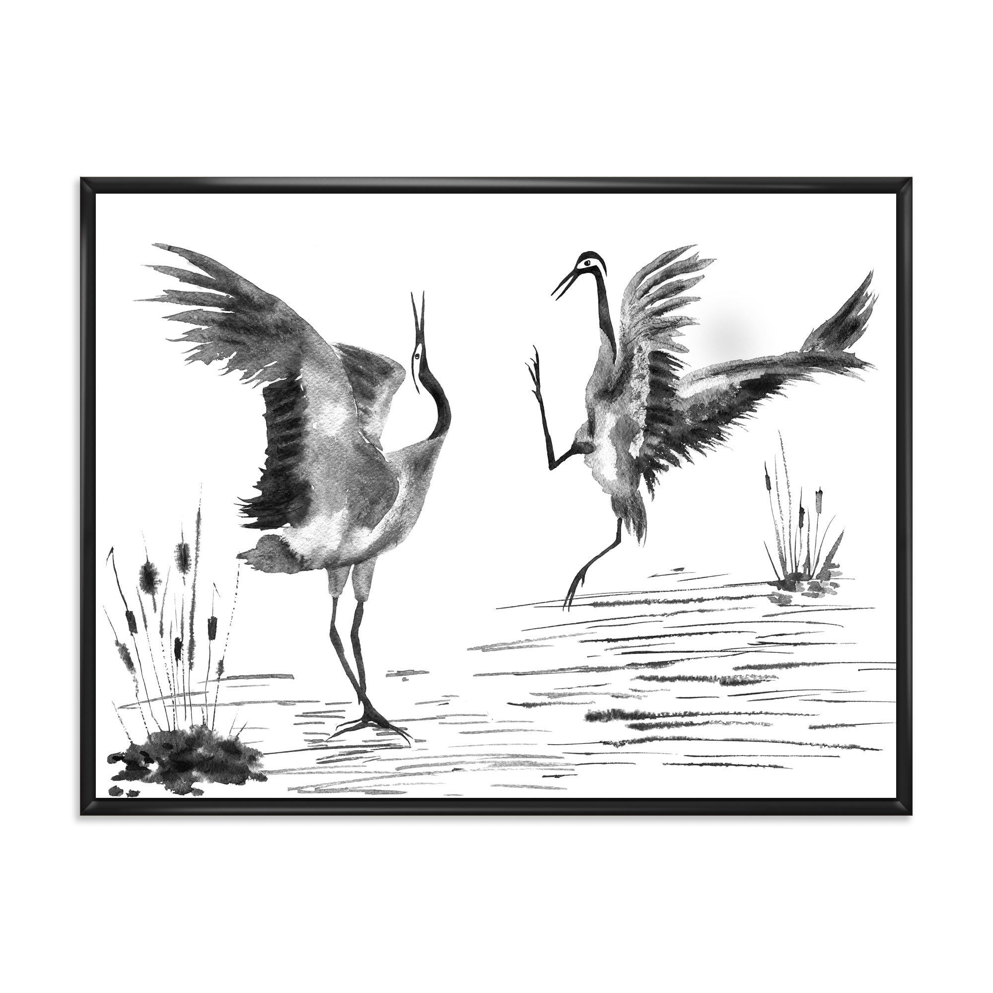Designart 'Monochrome Two Enamored Japanese Cranes Birds' Traditional Framed Canvas Wall Art Print
