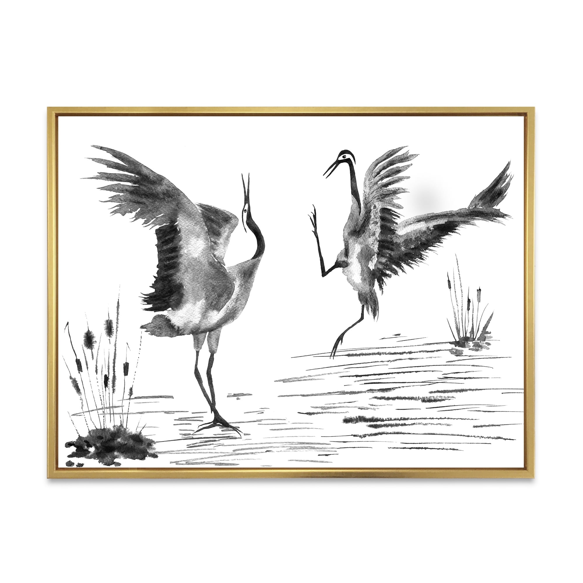 Designart 'Monochrome Two Enamored Japanese Cranes Birds' Traditional Framed Canvas Wall Art Print