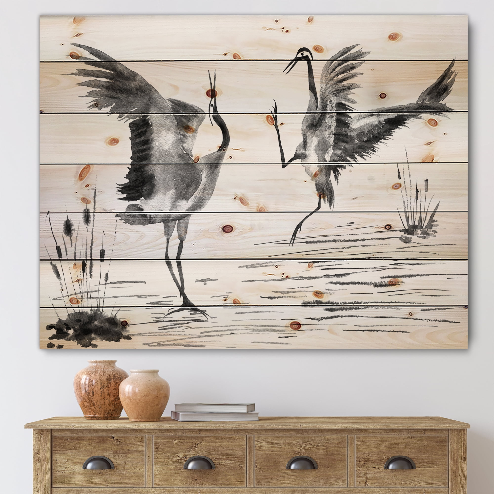 Designart 'Monochrome Two Enamored Japanese Cranes Birds' Traditional Print on Natural Pine Wood