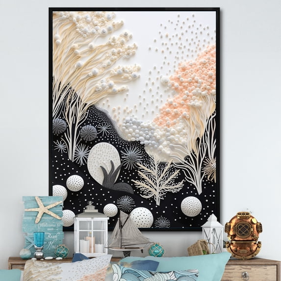Designart "Monochrome Wonders Of The Coral Reef I" Coastal Coral Under Water Floater Framed Canvas Art Print