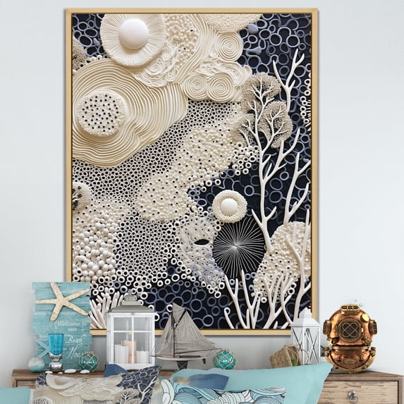 Designart "Monochrome Wonders Of The Coral Reef IV" Coastal Coral Under Water Floater Framed Canvas Wall Art