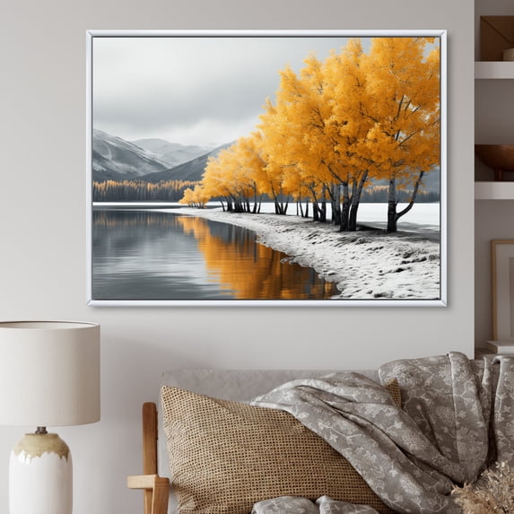 Designart "Monochrome Yellow And Grey Tree Euphony II" Landscape Trees Floater Framed Canvas Wall Art
