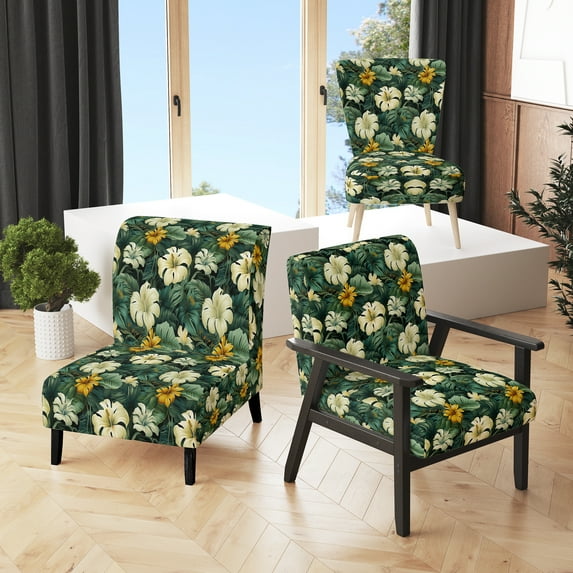 Designart "Monstera Elegance Tropical Pattern III" Upholstered Tropical Accent Chair and Tropical Arm Chair - Multiple Color & Pattern