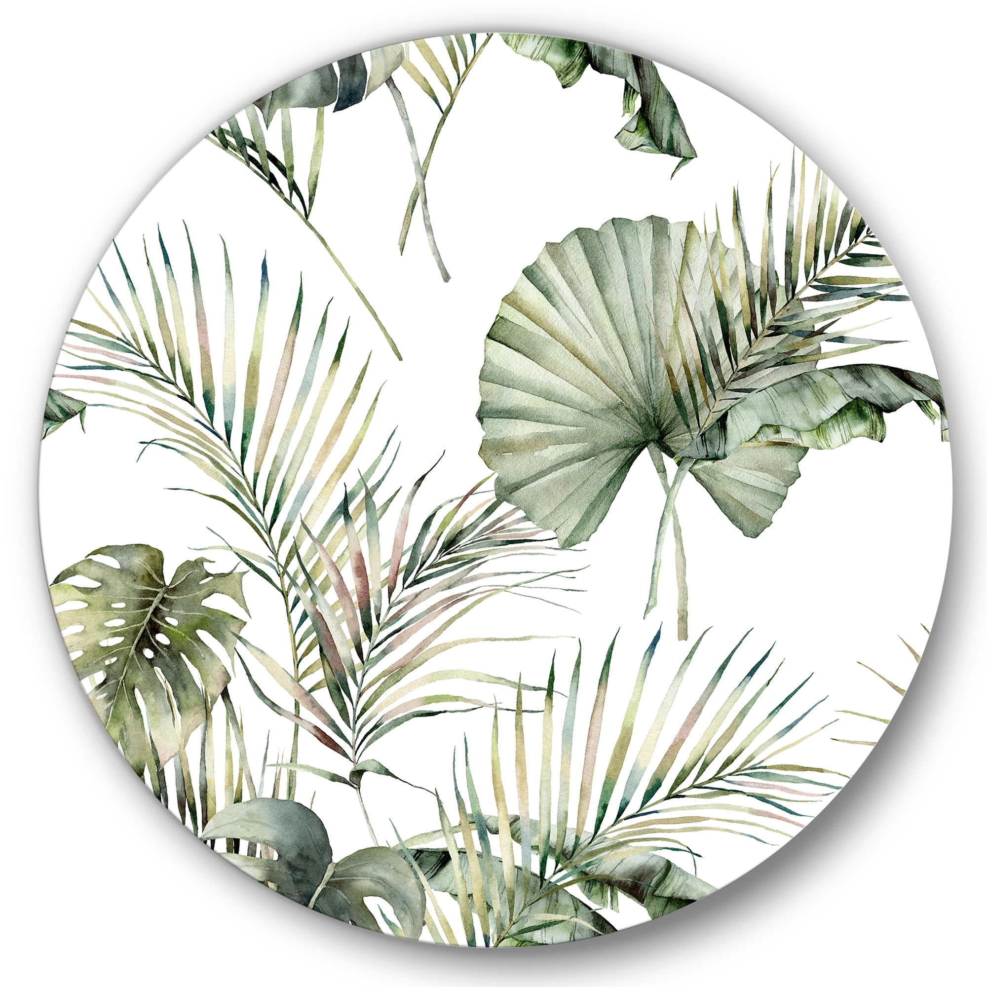 Designart 'Monstera and Coconut Leaves With Tropical Pattern' Traditional Circle Metal Wall Art 23x23 - Disc of 23