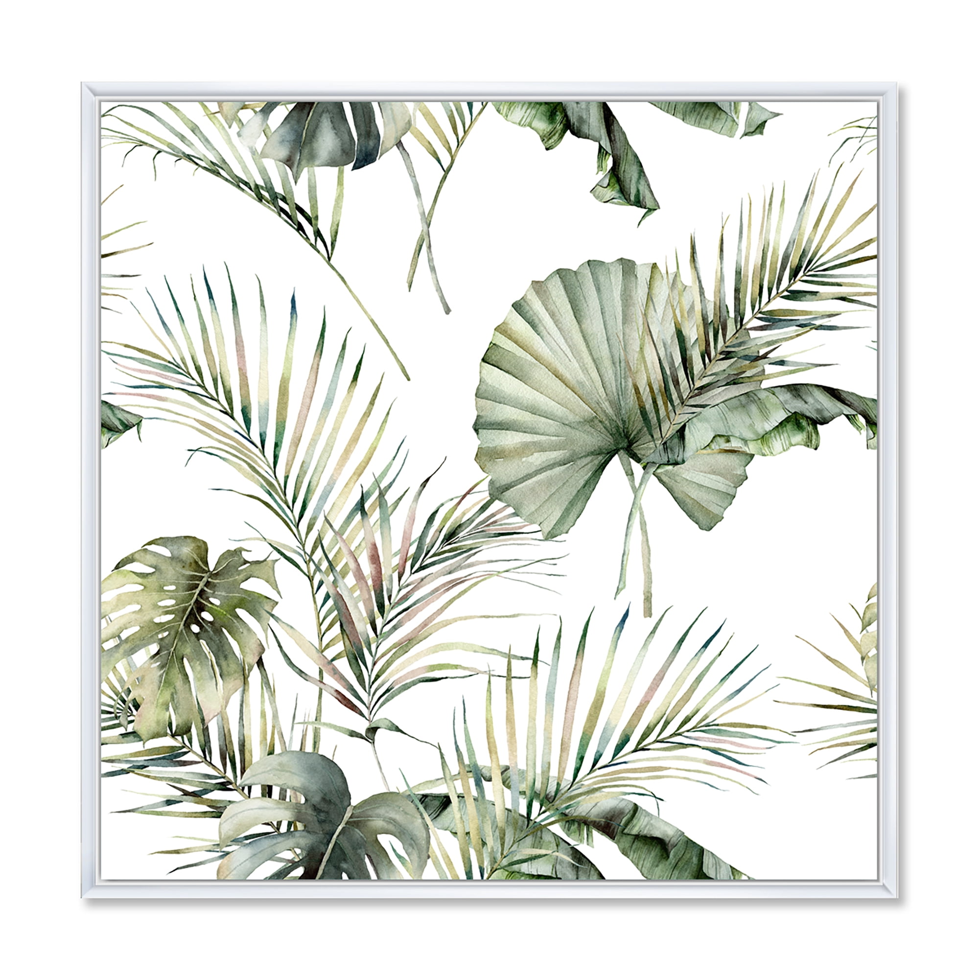 Designart 'Monstera and Coconut Leaves With Tropical Pattern' Traditional Framed Canvas Wall Art Print