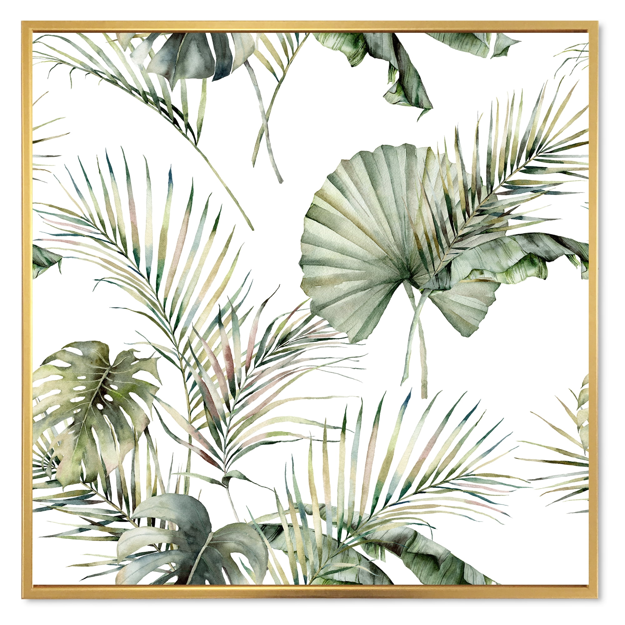 Designart 'Monstera and Coconut Leaves With Tropical Pattern' Traditional Framed Canvas Wall Art Print