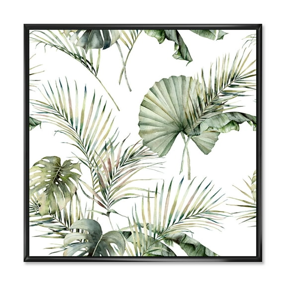 Designart 'Monstera and Coconut Leaves With Tropical Pattern' Traditional Framed Canvas Wall Art Print