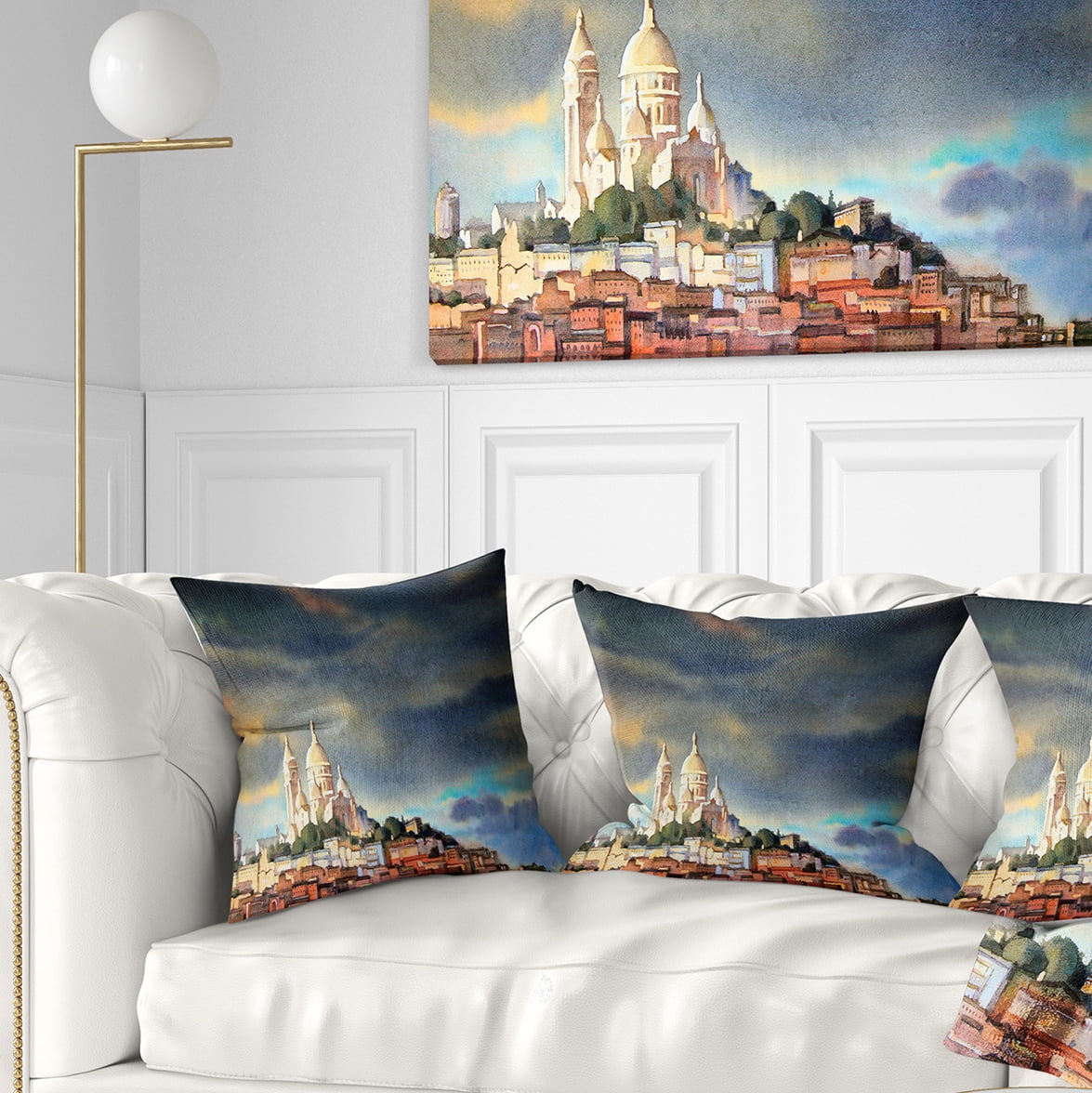 Designart Montmartre Skyline - Watercolor Painting Throw Pillow - 16x16