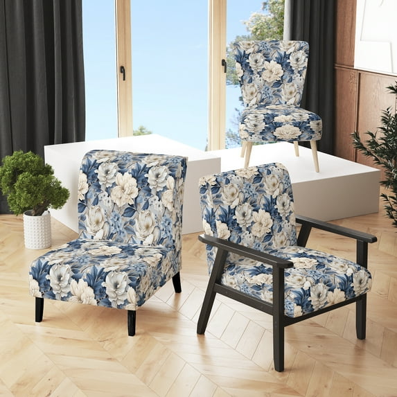 Designart "Moody Ethereal Shadows I" Blue Floral Upholstered Accent Chair - Cottage Arm Chair For Living Room