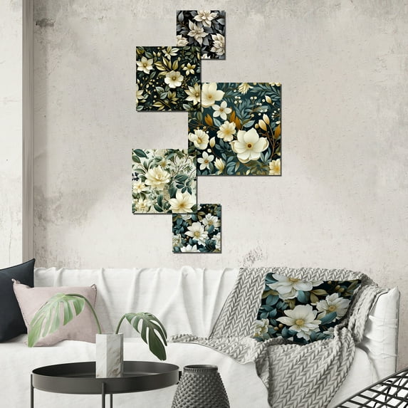Designart "Moody Shadowed Serenade I" Floral Wall Art Set Of 5 - Black Cottage Office Room Metal Wall Art Set