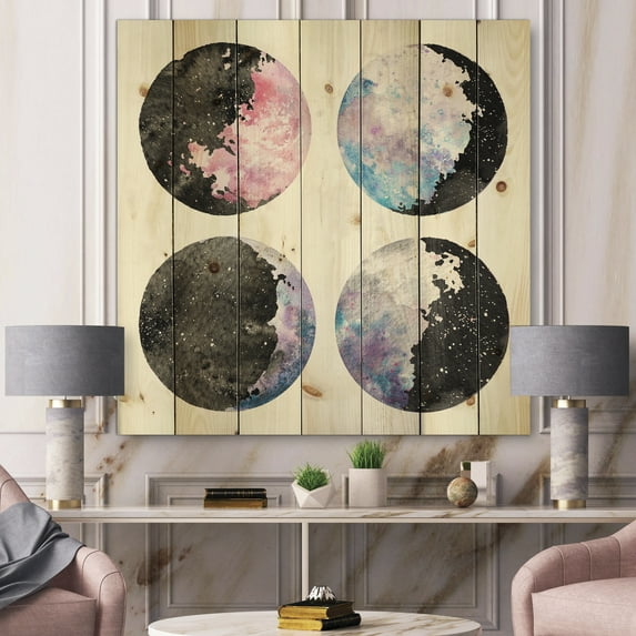 Designart 'Moon Phases With Sky and Stars' Bohemian & Eclectic Print on Natural Pine Wood
