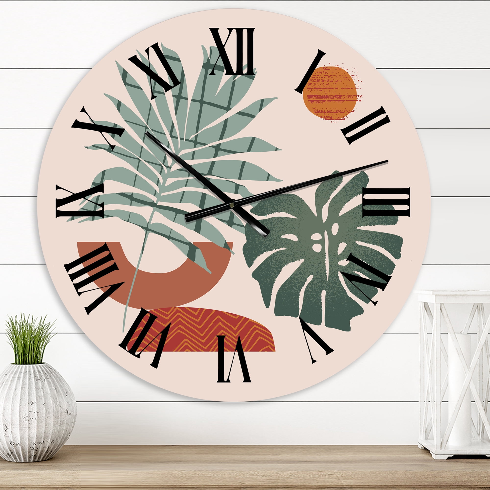 Designart 'Moon & Sun Shapes In Retro Green & Terracotta Tone' Modern Wall Clock