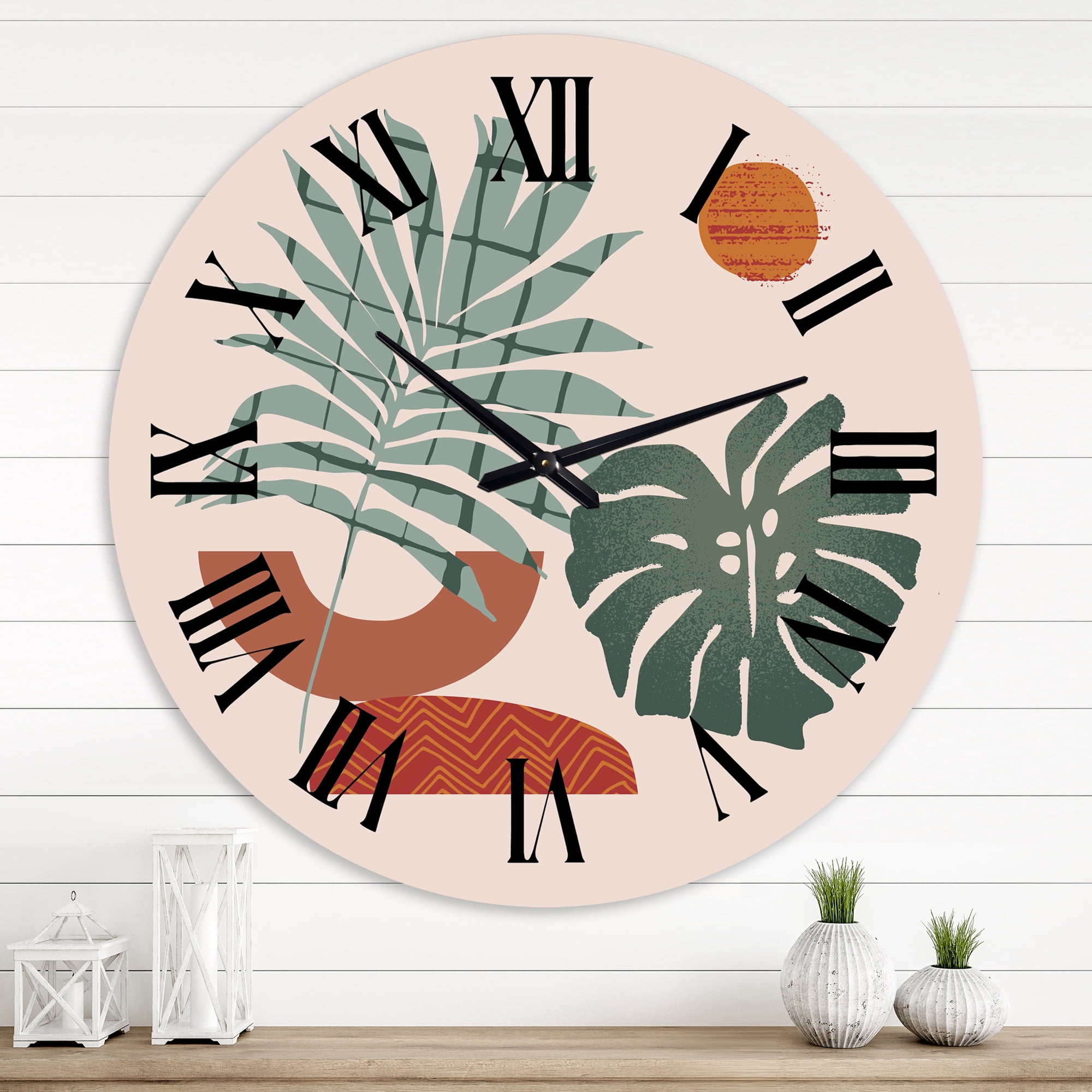 Designart 'Moon & Sun Shapes In Retro Green & Terracotta Tone' Modern Wall Clock