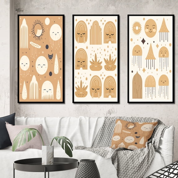 Designart "Moon and Clouds in Boho Dreamtime II" Modern Geometric Framed Wall Art Set Of 3 - Beige Abstract Frame Canvas Set For Living Room Decor