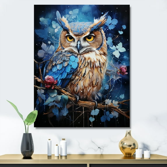 Designart "Moonlight Realm Of Blue Owls I" Animals Owl Wall Art Living Room