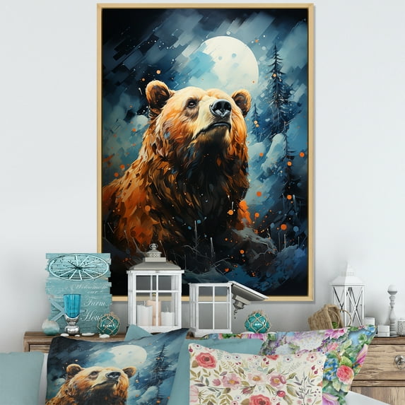 Designart "Moonlit Bear On Mountain Portrait" Animals Bear Floater Framed Canvas Prints