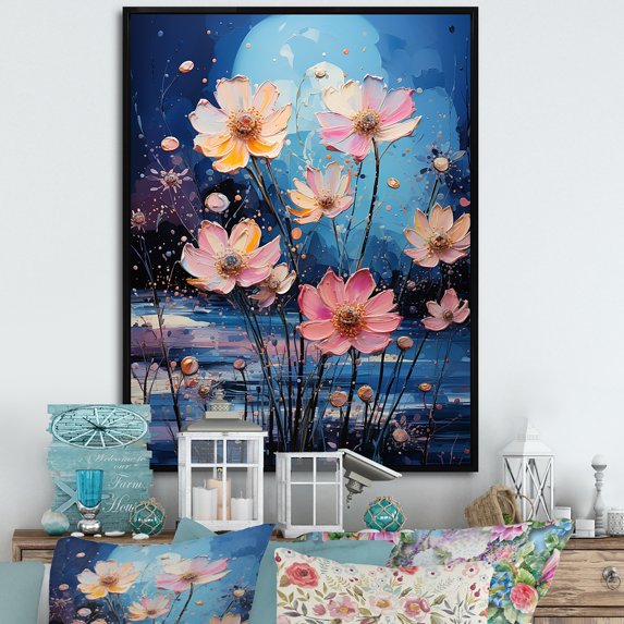 Designart "Moonlit Blooms Of Pink And Blue Zinnias" Zinnias Floater Framed Wall Art Prints