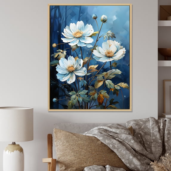 Designart "Moonlit Blooms Of White And Blue Zinnias I" Zinnias Floater Framed Wall Art Living Room