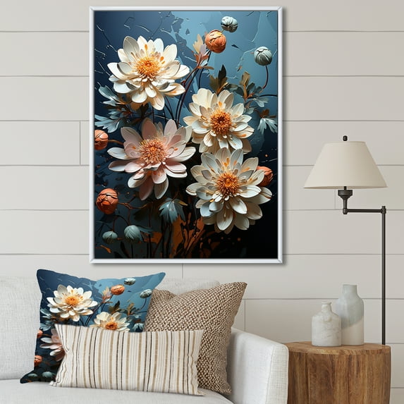 Designart "Moonlit Blooms Of White And Blue Zinnias II" Zinnias Floater Framed Canvas Art Print