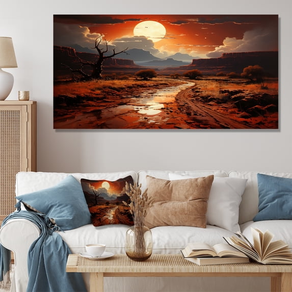 Designart "Moonlit Canyon Sunset IV" Oversized Landscapes Wall Art - Traditional Brown Canyon & Desert Entryway Wall Art Print
