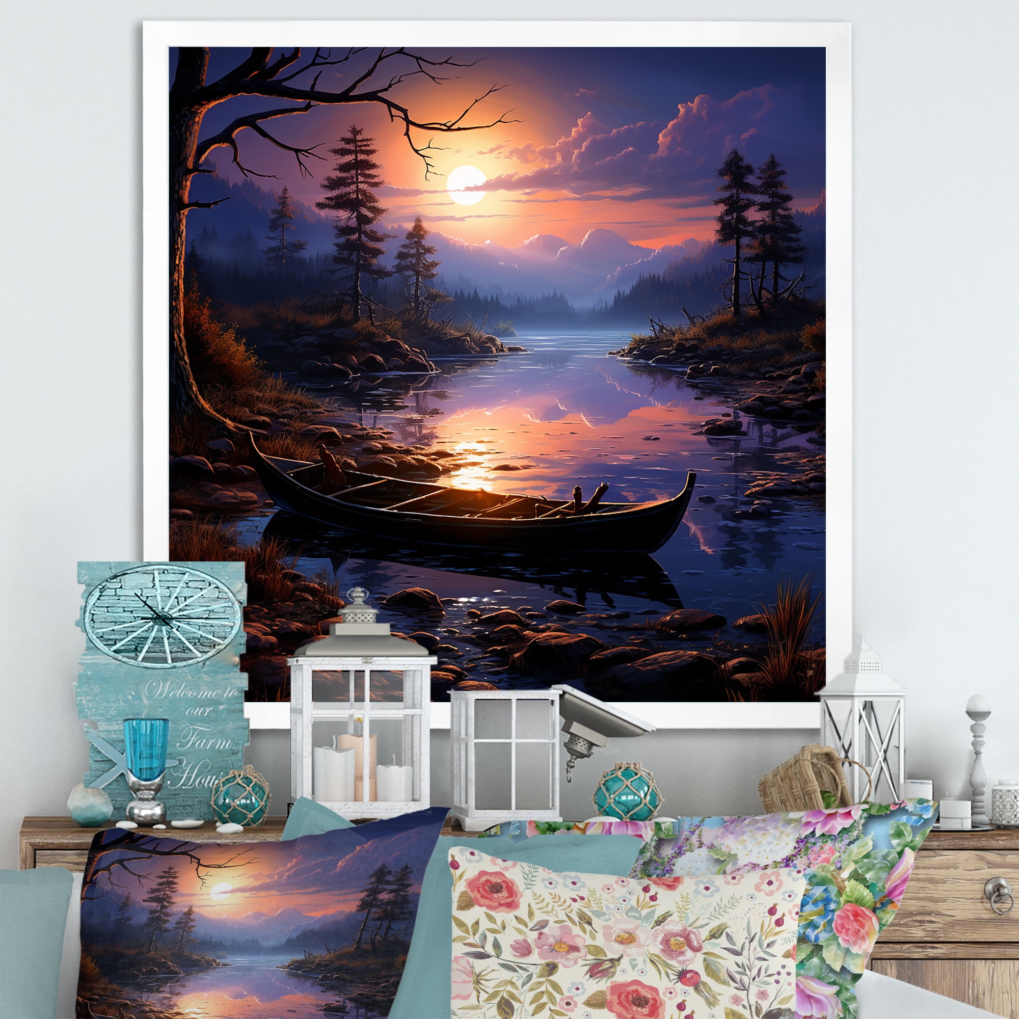 Designart "Moonlit Fishing Voyage in Purple and Orange" Transportation
