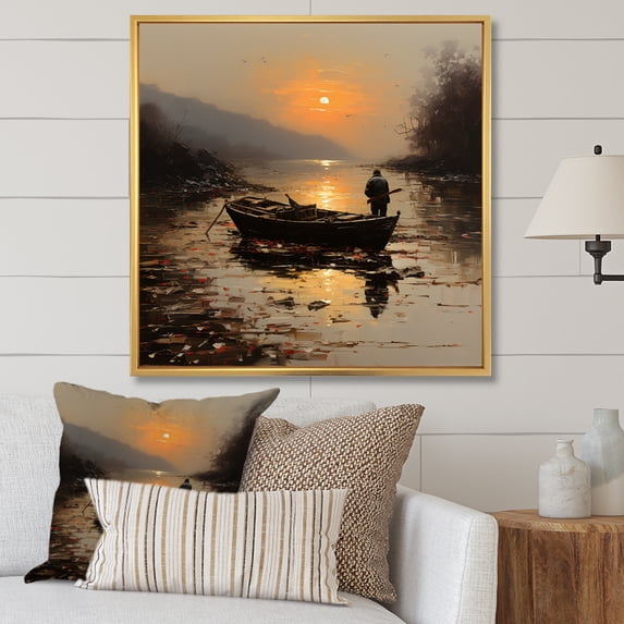 Designart "Moonlit Fishing by the Lake in Orange and Brown" Transportation Framed Wall Art - Orange Boat Fishing Bedroom Framed Canvas Wall Art