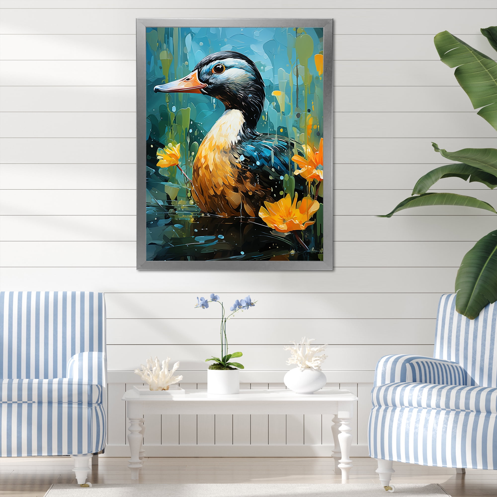 Designart "Moonlit Floral Duck Elegance" Animals Framed Wall Art