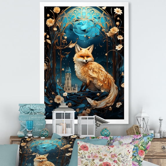 Designart "Moonlit Forest Fox in Beige and Blue" Animals Framed Wall Art - Traditional Beige Fox Entryway Framed Wall Art