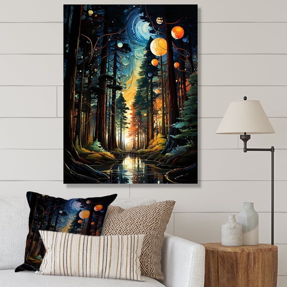 Designart "Moonlit Forest River Retreat II" Landscapes Canvas Wall Art - Farmhouse Yellow Forest River Mountains Entryway Wall Art