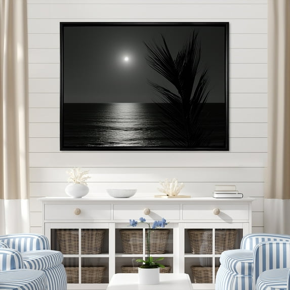 Designart "Moonlit Horizon With Black And White Palms" Coastal Tropical Floater Framed Wall Art Prints