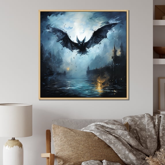 Designart "Moonlit Impressionist Flight of Bats" People Framed Wall Art - Traditional Black Animal Nursery Bedroom Framed Canvas Wall Art