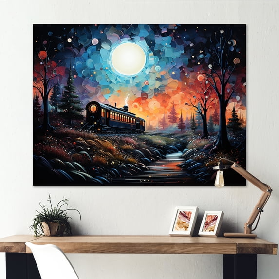 Designart "Moonlit Journey Orange Countryside Train I" Performing Arts Wall Art - Modern Farmhouse Orange Transportation Train Living Room Canvas Art