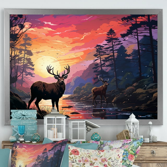 Designart "Moonlit Landscape Deer II" Animals Framed Wall Art Decor