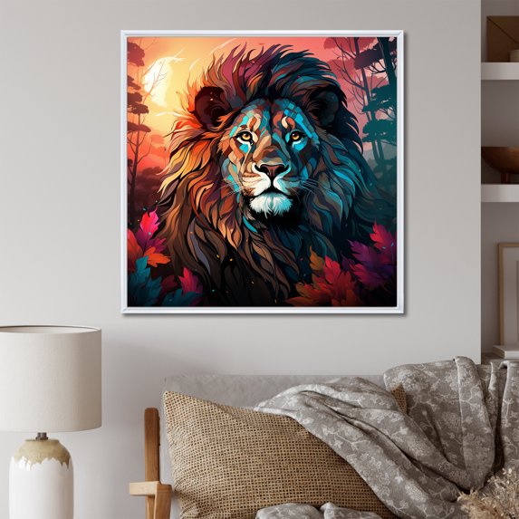 Designart "Moonlit Majesty of the Lion King II" Animals Framed Wall Art - Traditional Red Lion Living Room Framed Canvas Art