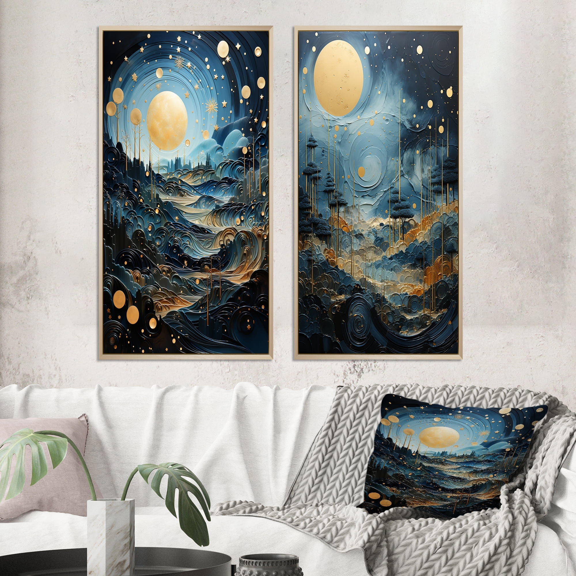 Designart "Moonlit Mirage in Gold and Blue on Uranus II" Uranus Framed