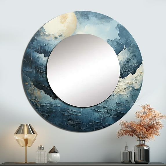 Designart "Moonlit Monochrome Mountain Stream" River Cave Round Mirror Wall Decor Lake House - Large Blue Round Bathroom Mirror - Round Mirror - 36" x 36"