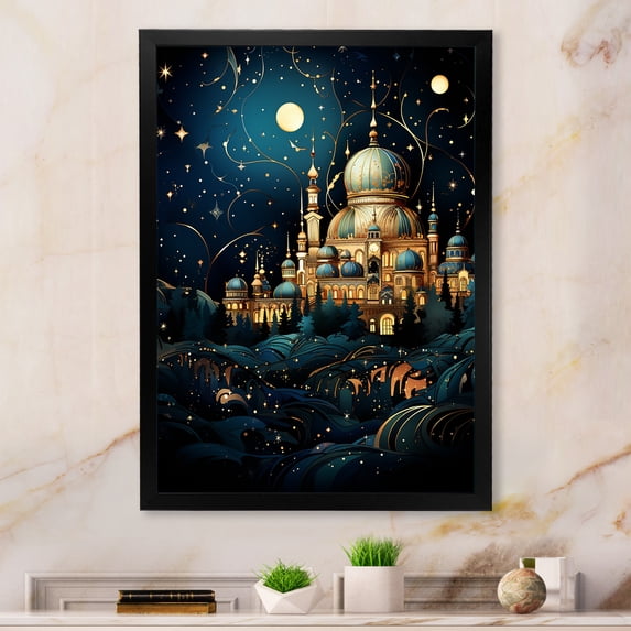 Designart "Moonlit Mosque Reverie in Baroque Style" Spiritual Framed Wall Art - Global Gold Islam Hallway Framed Wall Art Decor