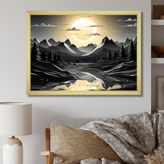 Designart "Moonlit Peaks Silhouette Landscape" Landscapes Framed Wall Art Decor - Country Grey Mountains Living Room Framed Canvas Art