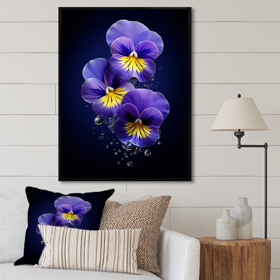 Designart "Moonlit Purple Pansies I" Pansies Floater Framed Wall Decor
