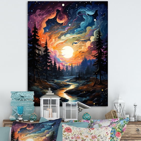 Designart "Moonlit River Through the Forest III" Landscapes Canvas Wall Art - Farmhouse Yellow Forest River Mountains Bedroom Canvas Wall Art