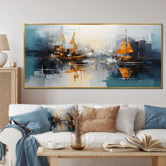 Designart "Moonlit Sailboat Collage Horizon Dreams I" Extra Large Transportation Framed Wall Art - Modern Yellow Boat Sailing Bedroom Framed Canvas Wall Art