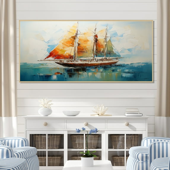 Designart "Moonlit Sailboat Horizon Nighttime Tranquility I" Oversized Transportation Framed Wall Art - Modern Orange Boat Sailing Entryway Framed Wall Art