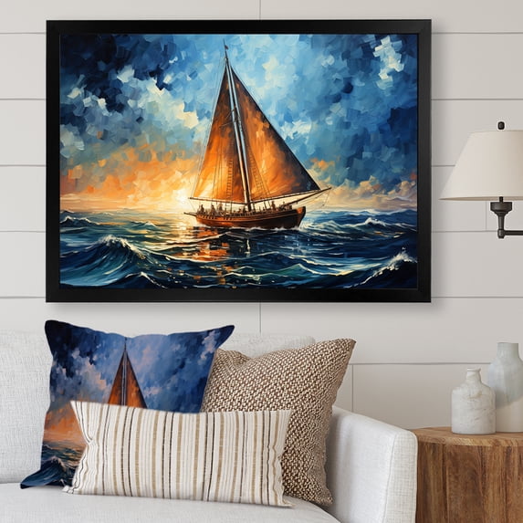 Designart "Moonlit Sailboat Horizon Nighttime Tranquility IV" Transportation Framed Wall Art Decor - Modern Orange Boat Sailing Hallway Framed Wall Art Decor