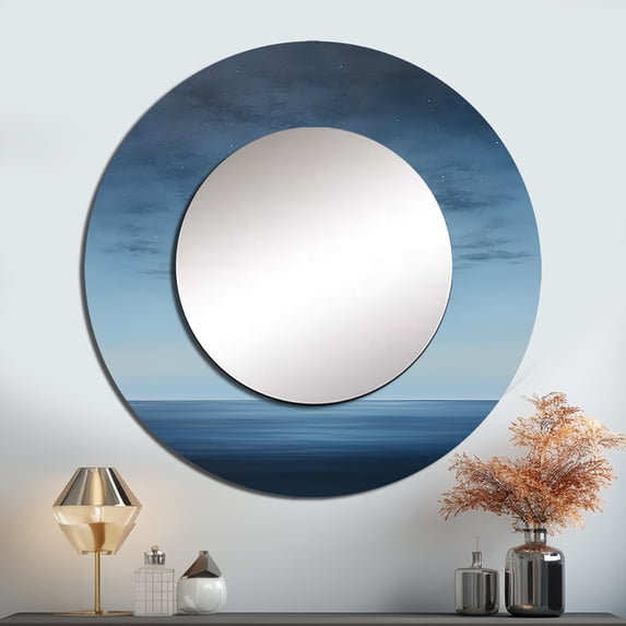 Designart "Moons Melody In A Magical Forest" Minimalism Rund Mirror For Wall Decor - Large Blue Round Print Mirror - Round Modern Mirror - Wall Mounted Round Large Mirror - 23" x 23"