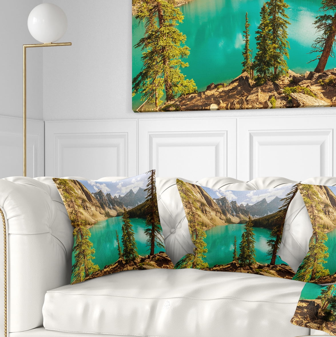 Designart Moraine Lake in Banff National Park - Landscape Printed Throw Pillow - 18x18