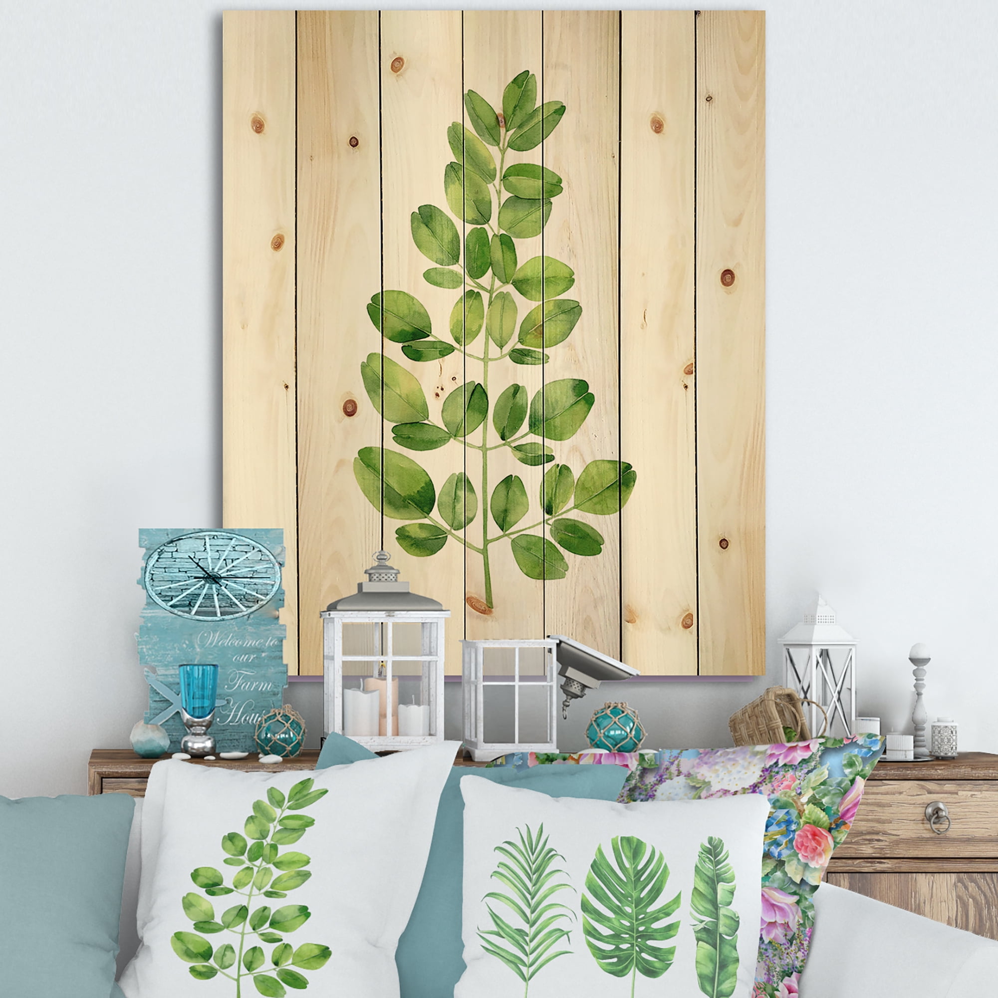 Designart 'Moringa Plant Branch Tropical Tree Foliage' Farmhouse Print on Natural Pine Wood